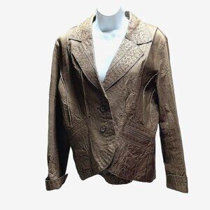 Black Rivet Womens Leather Jacket Size L Brown Button Closure Notched Lapel G-II